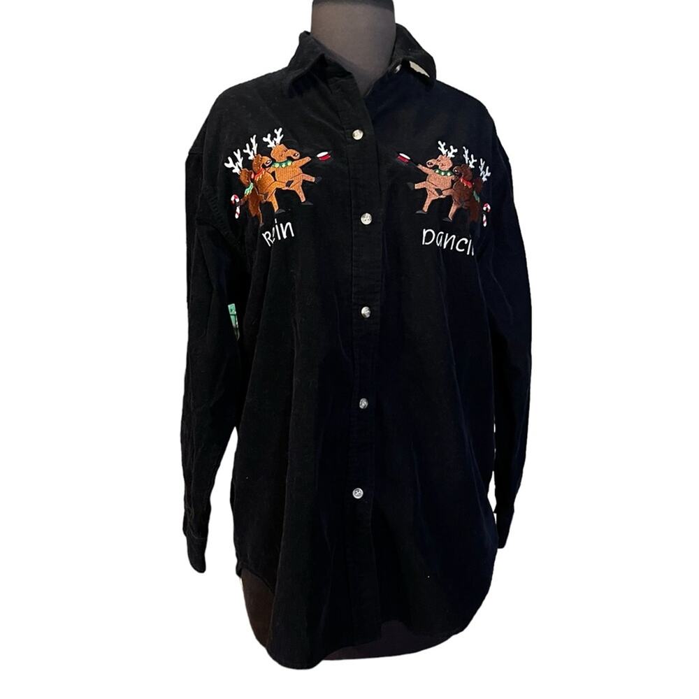 90s Vtg Black Corduroy Christmas Embroidered Reindeer Rein Dancing Blouse S/M - Picture 2 of 6